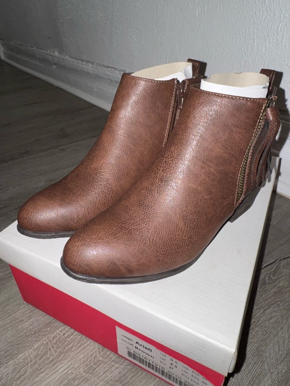Brown Ankle Booties Tassel Side Zip Low Heel Boots US 6.5 EU 37 UK 4.5